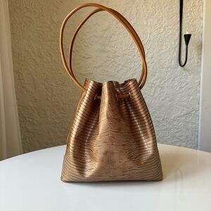 Brahmin Bronze and Cognac Croc Leather Bucket Bag